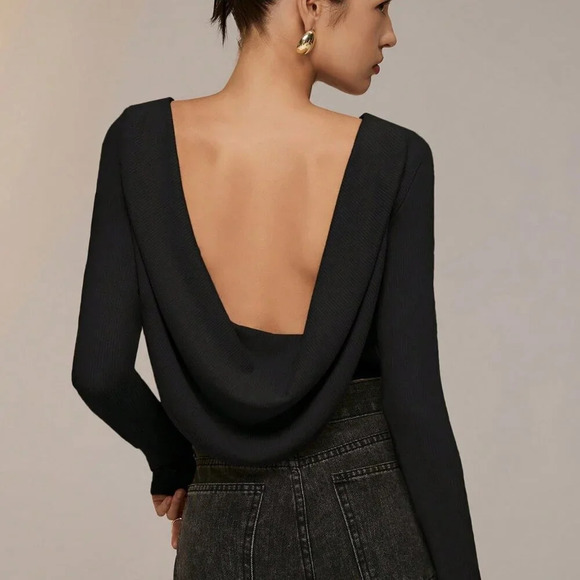 Tops - Black Casual Women's Backless Collar Long Sleeve Elegant Bodysuit